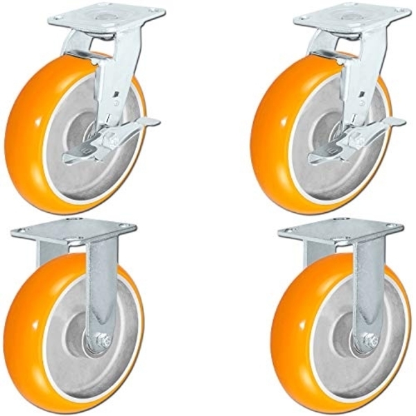 Casterhq 8"x2" Non-Marking Orange Tread Polyurethane Casters, 2 Swi 8IOCSO4